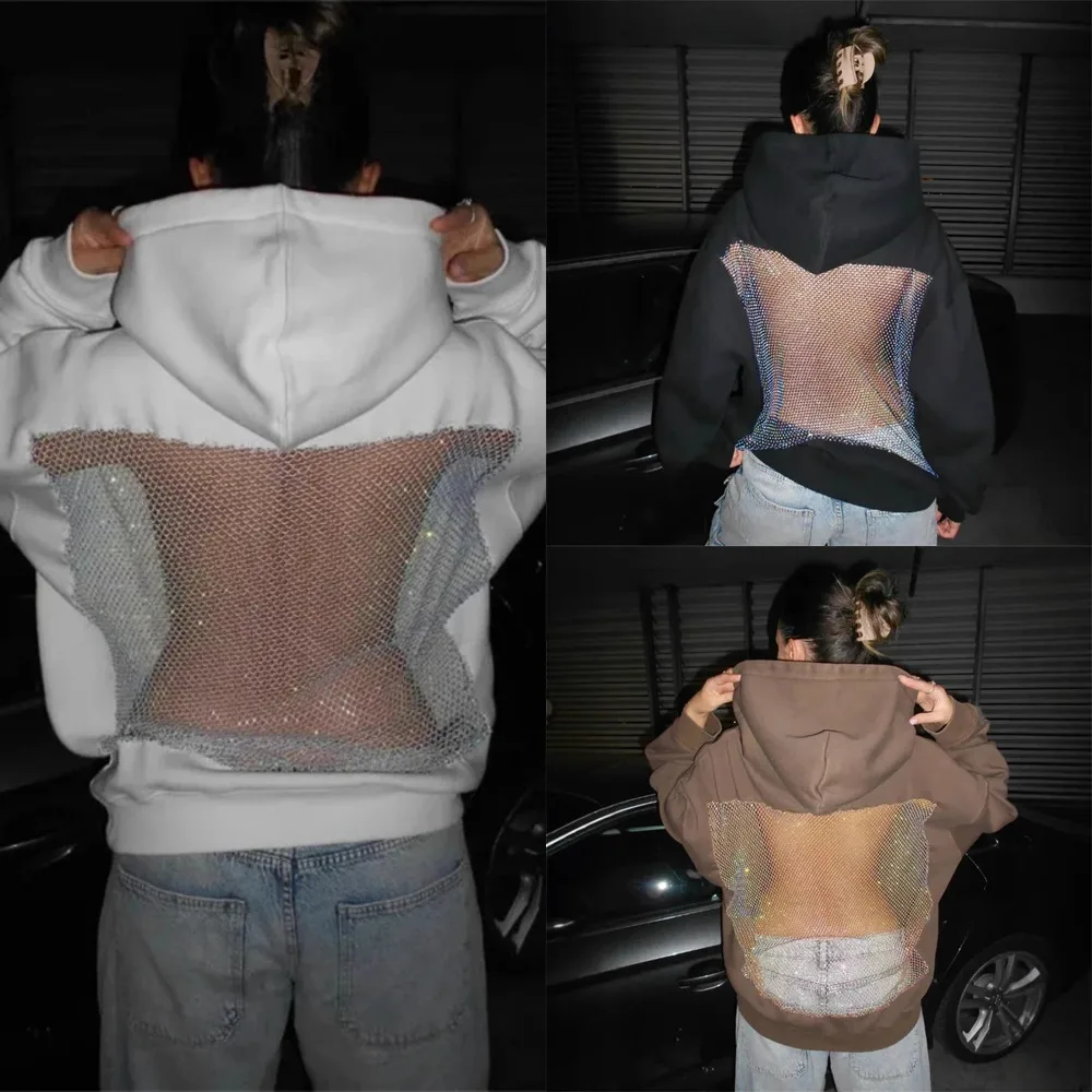 

Сексуальная сетчатая толстовка с капюшоном для женщин Y2K в готическом стиле, ажурный пуловер, толстовка, полупрозрачная уличная одежда с длинными рукавами, повседневная модная одежда