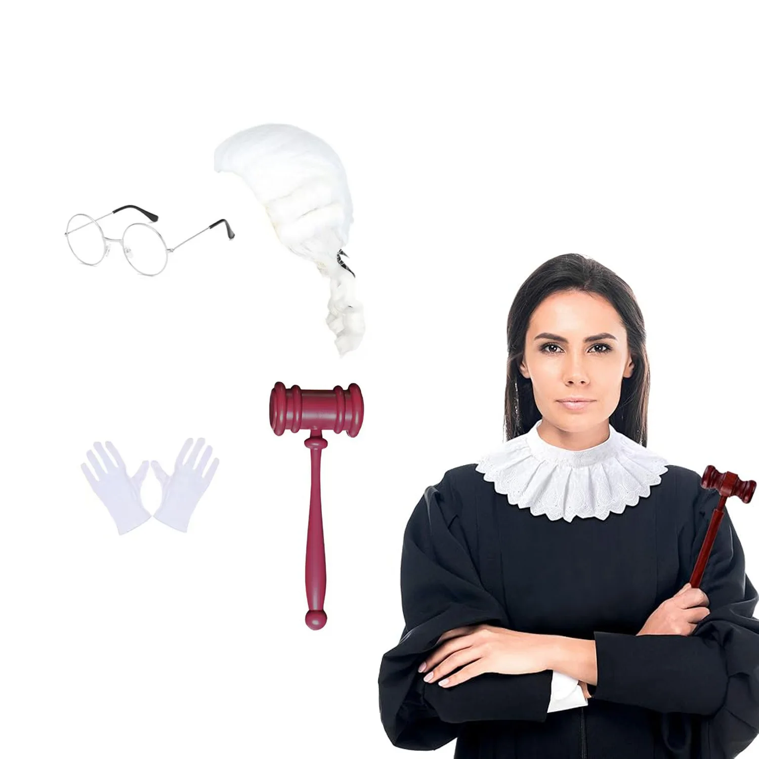 

PESENAR Judge Costume Accessory Robe Lace False Collar Plastic Gavel Round Glasses for Halloween Cosplay Party Favor