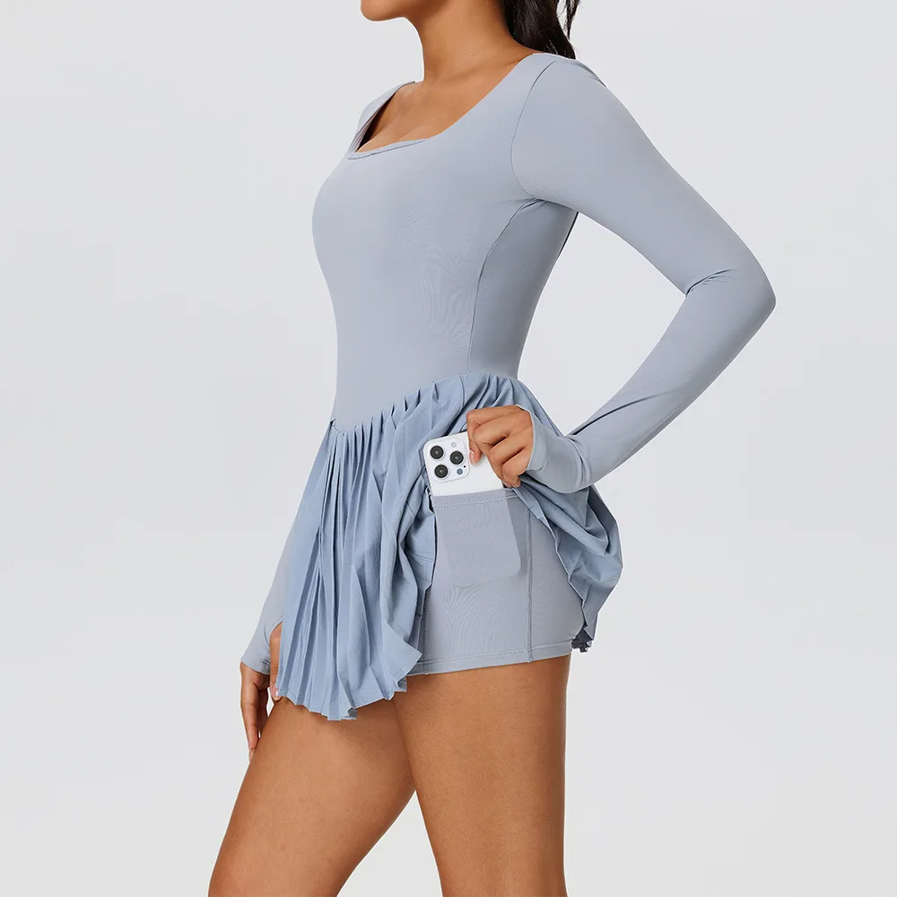 

Seamless Tennis Skirt Backless with Chest Pad Long Sleeve Sports Dress One-Piece Anti-Exposure Workout Clothing Gym Yoga Suits