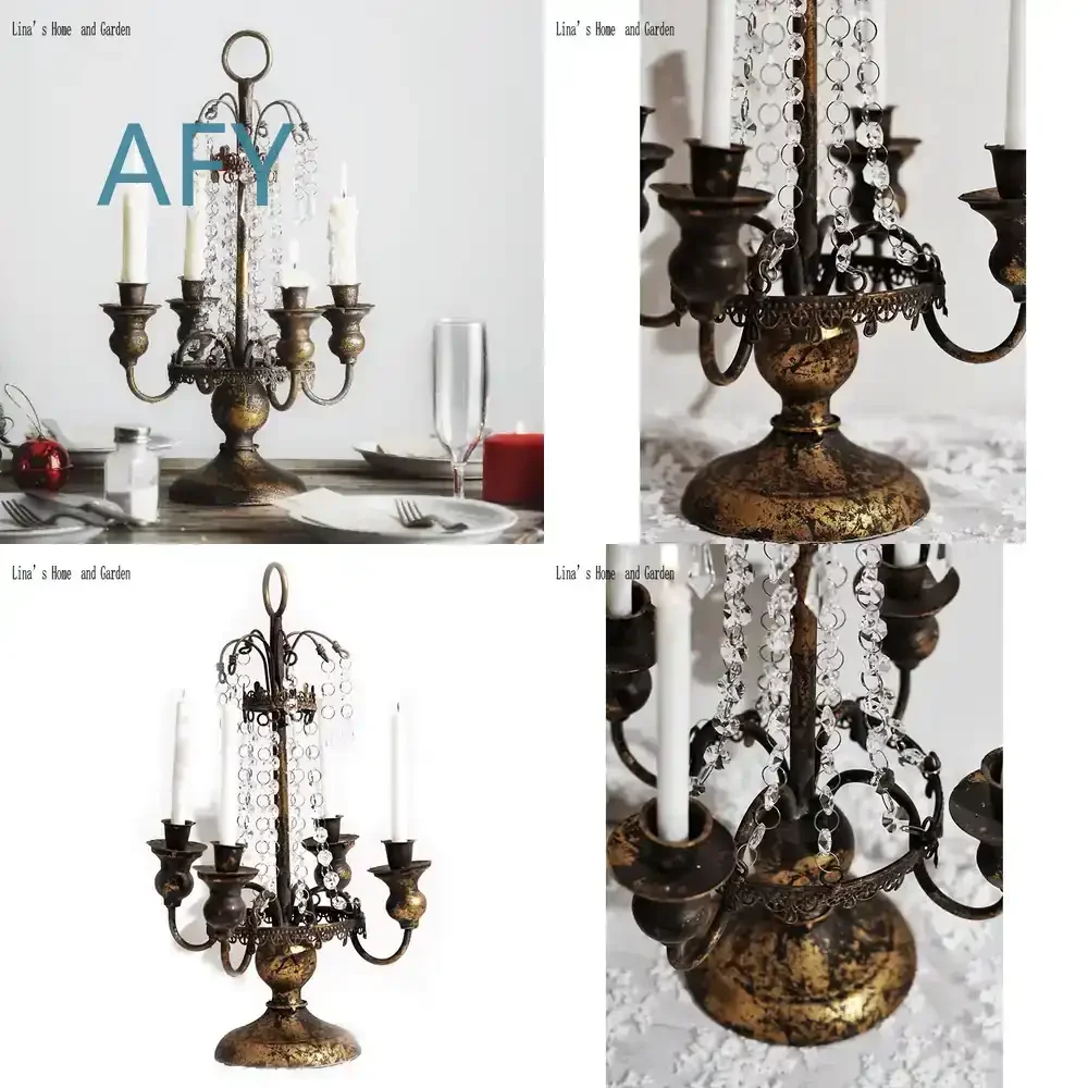 4 Arms Antique Vintage Golden Metal Candle Holder Crystal Candelabra for Home Decor Living Room Dining Table Bedroom Wedding