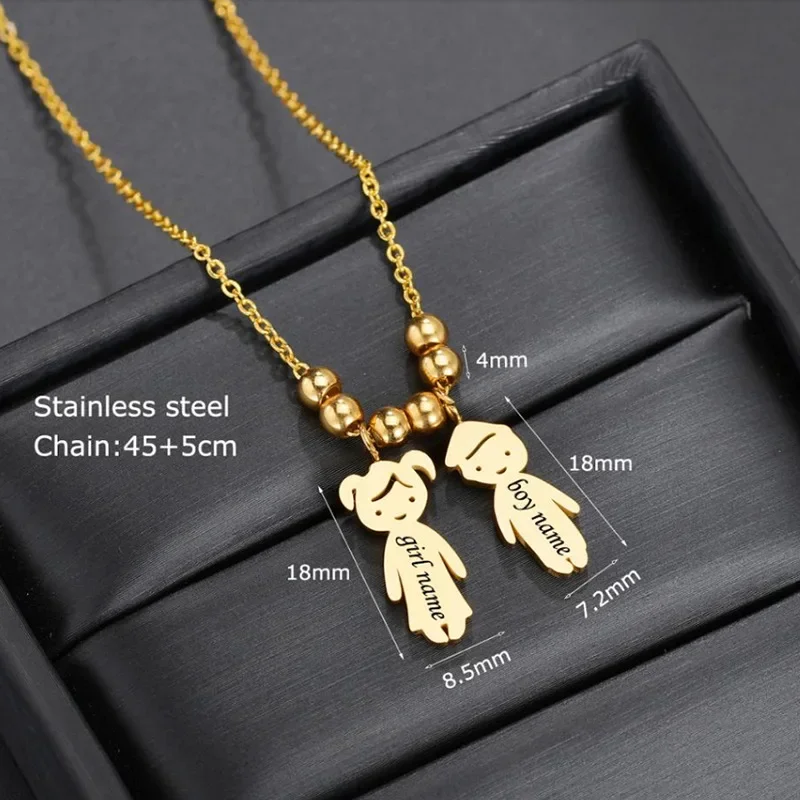 Trendy Personalized Stainless Steel Kids Pendant Neckalce for Boy Girls Custom Name Date Children Beads Necklace Family Gift