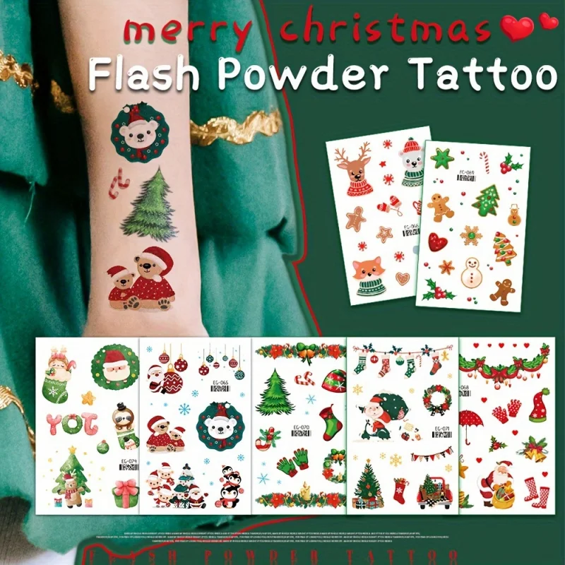 12 pcs Christmas themed glitter temporary tattoo stickers. Cartoon Christmas design, festive pattern of Santa Claus, snowman