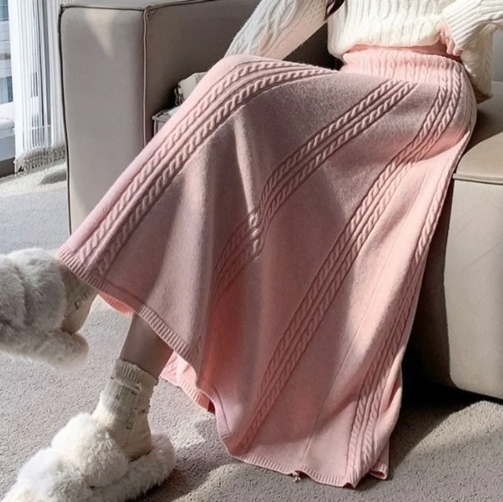 White Twist Knitted Wool Skirt Women's Autumn 2024 Winter Dape Mid-Length Skirt High Waist A- Line Long Skirt
