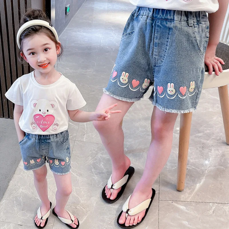 Girls Shorts with Rabbit Pattern High Waist Summer Hot Deals Teenage Girl Fashion Jeans Kids Short Trousers Clothes 2-9Years Old