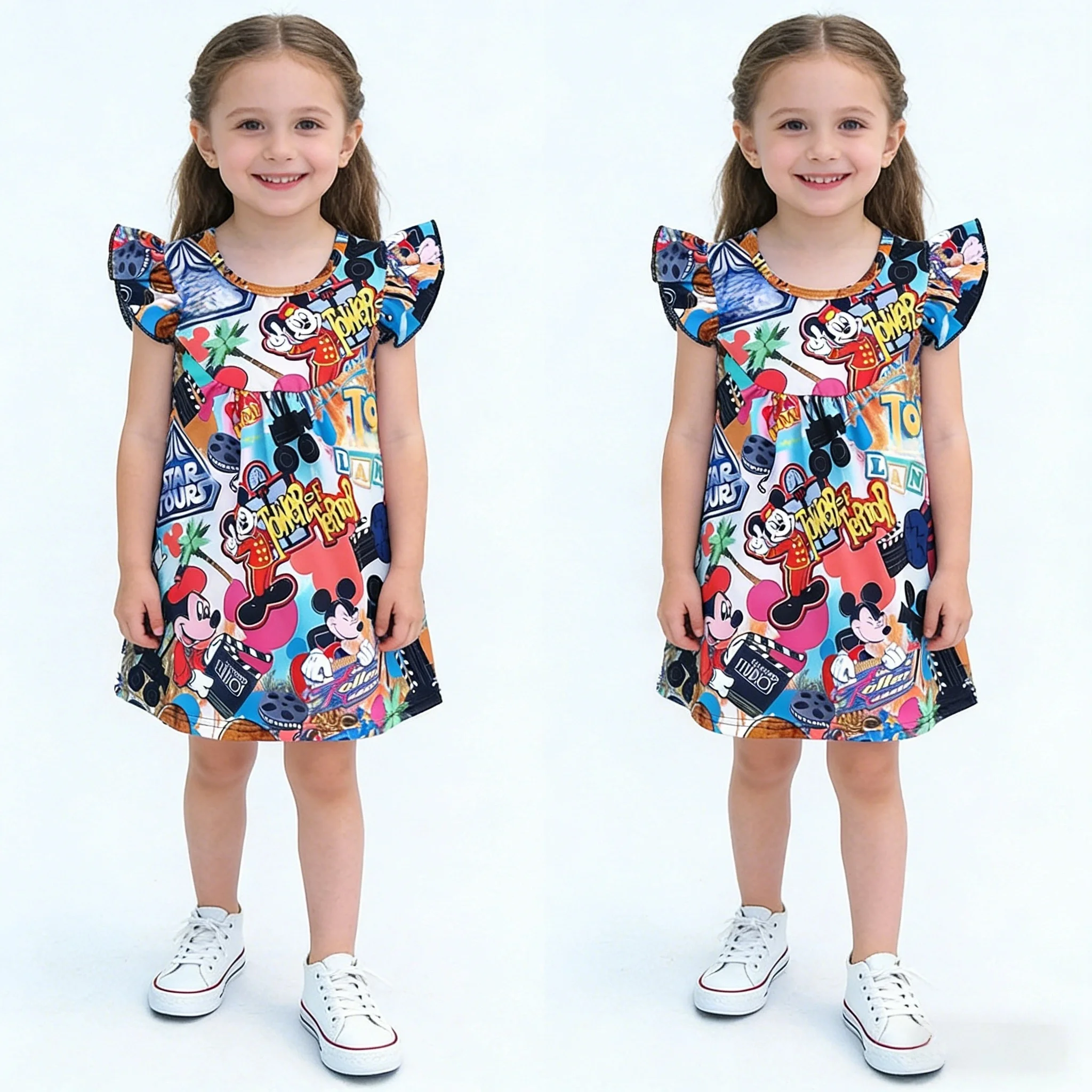 

Платье для девочек 2026 с рукавами-крылышками и мультяшным принтом, из мягкого молочного шелка, с милым принтом мыши, для повседневной носки и игр