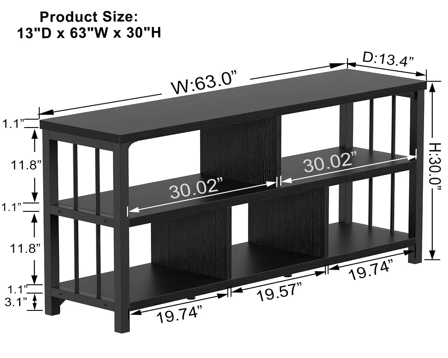 63” Black Horizontal Bookshelf, Industrial Long Low Bookcase, Black Oak 3 Tier Open Book Shelf, Wide 5 Cube Storage Organizer