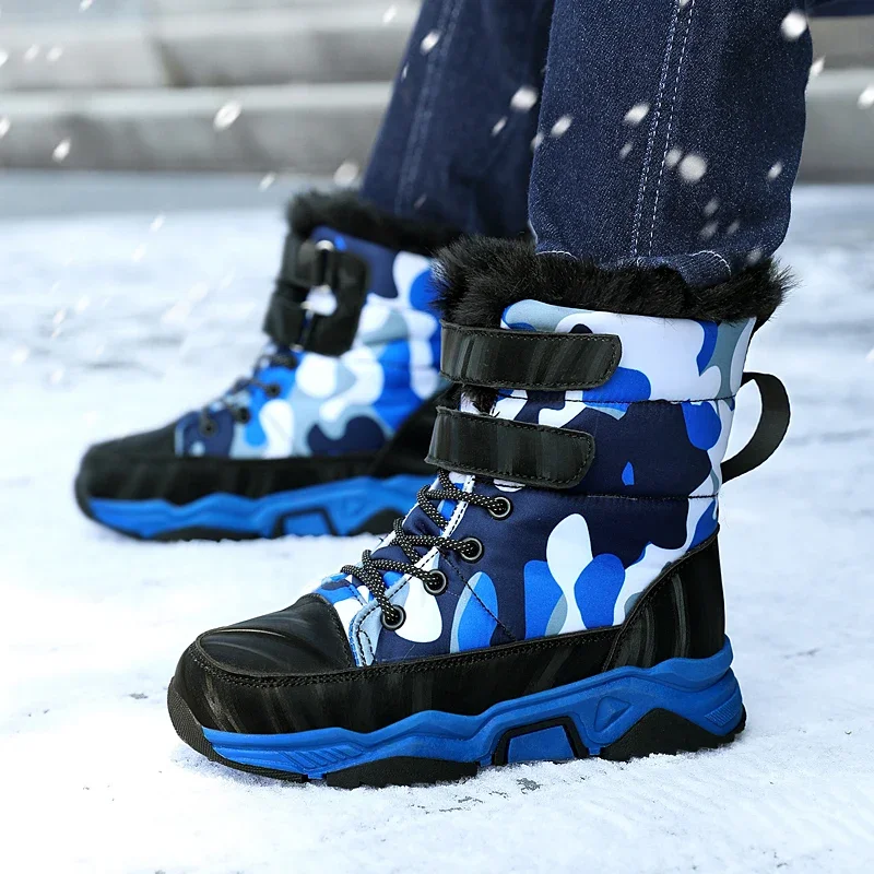 Children Casual Shoes Boys Non-slip Paw Warm Fur Snow Boots Winter Sneakers Kids Outdoor Footwear Padded Boot Waterproof 8-15