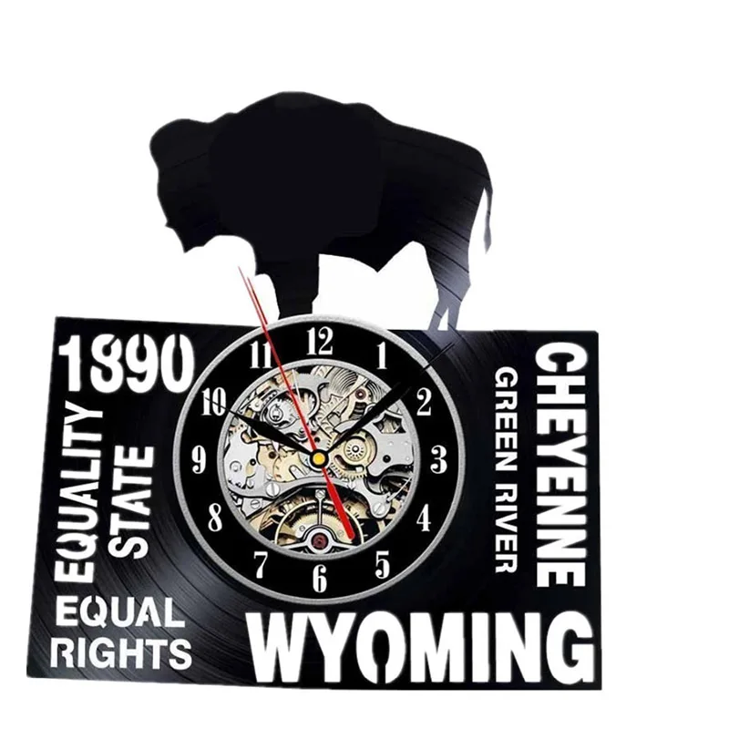 Hollow Out Black Vinyl Record Clock Wyoming State Retro Handmade Wall Decor Pendulum Clock