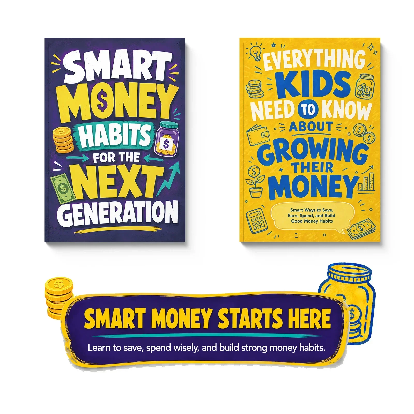 2-Book Financial Literacy and Money Skills Book Set, Saving, Earning, Spending, Budgeting, Investing Basics, Entrepreneurship