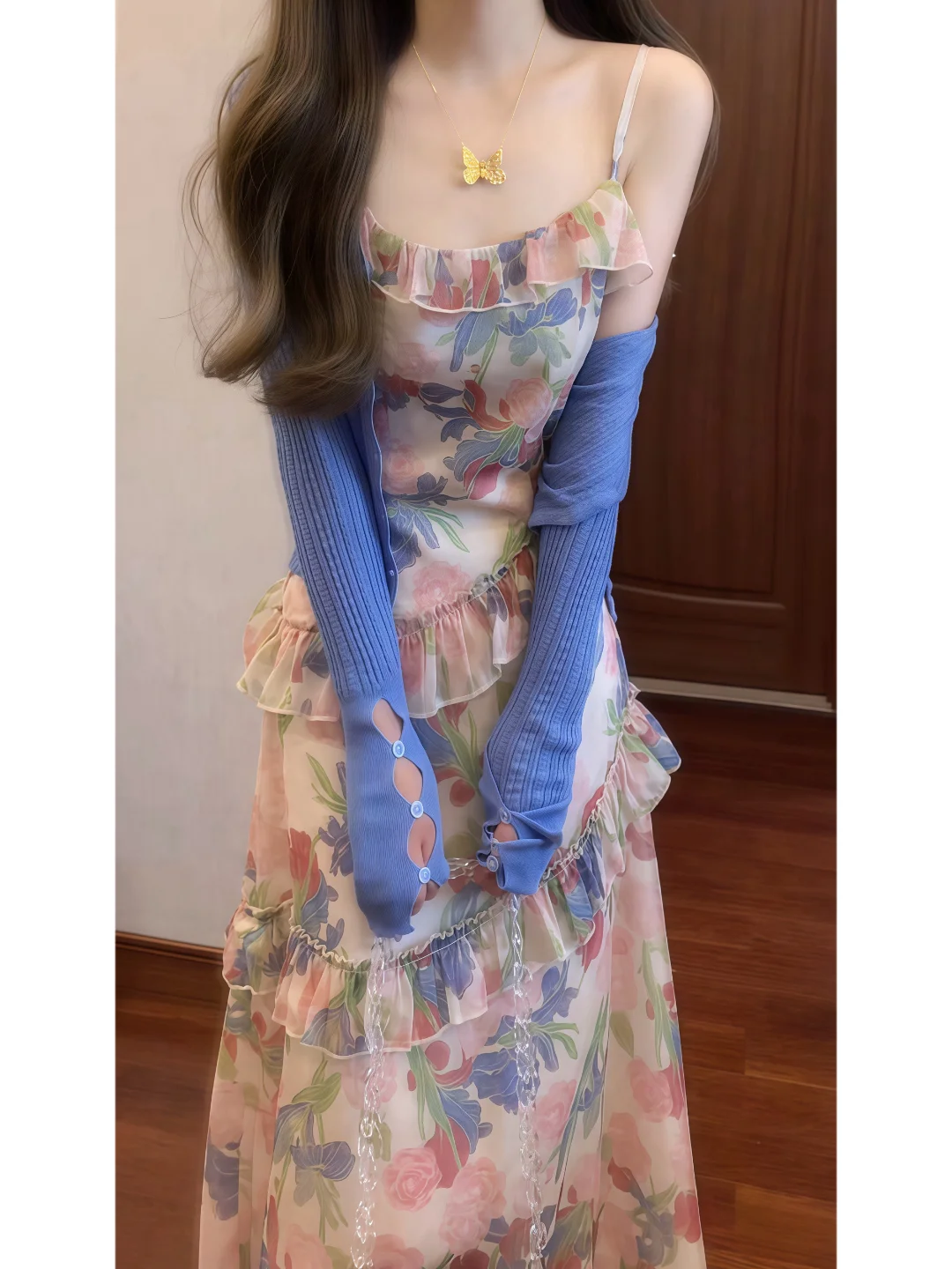 Verano 2025 Cárdigan abierto con estampado floral Tea Break Dr Conjunto de dos piezas Ele Lady Sle Falda larga Ropa de viaje informal Hidrata...