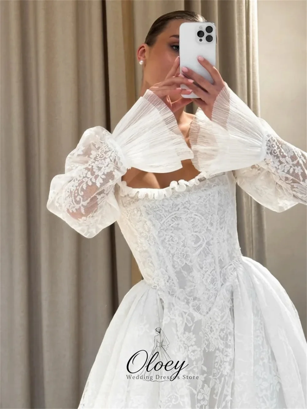 OLOEY Gorgeous Square Neck Lace Wedding Dresses For Woman Puff Long Sleeve A-Line Bridal Gown Customized Vestidos De Novia