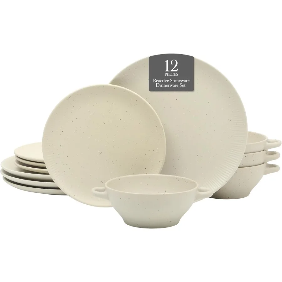

Clover Hill 12Piece Stoneware Dinnerware Set White Cream Embossed Plates and Bowls with Matte Speckled Reactive Glaze Service f
