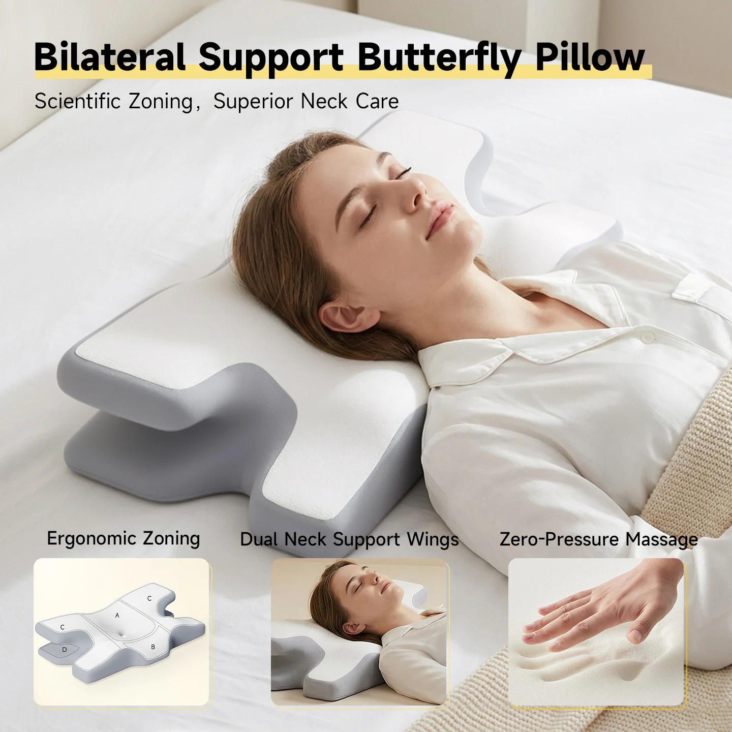 

Эргономичная подушка-бабочка с научно разработанной зонированной поддержкой шеи. Двусторонняя поддержка, двойные микро-тракционные элементы для шеи, зонированная поддержка.