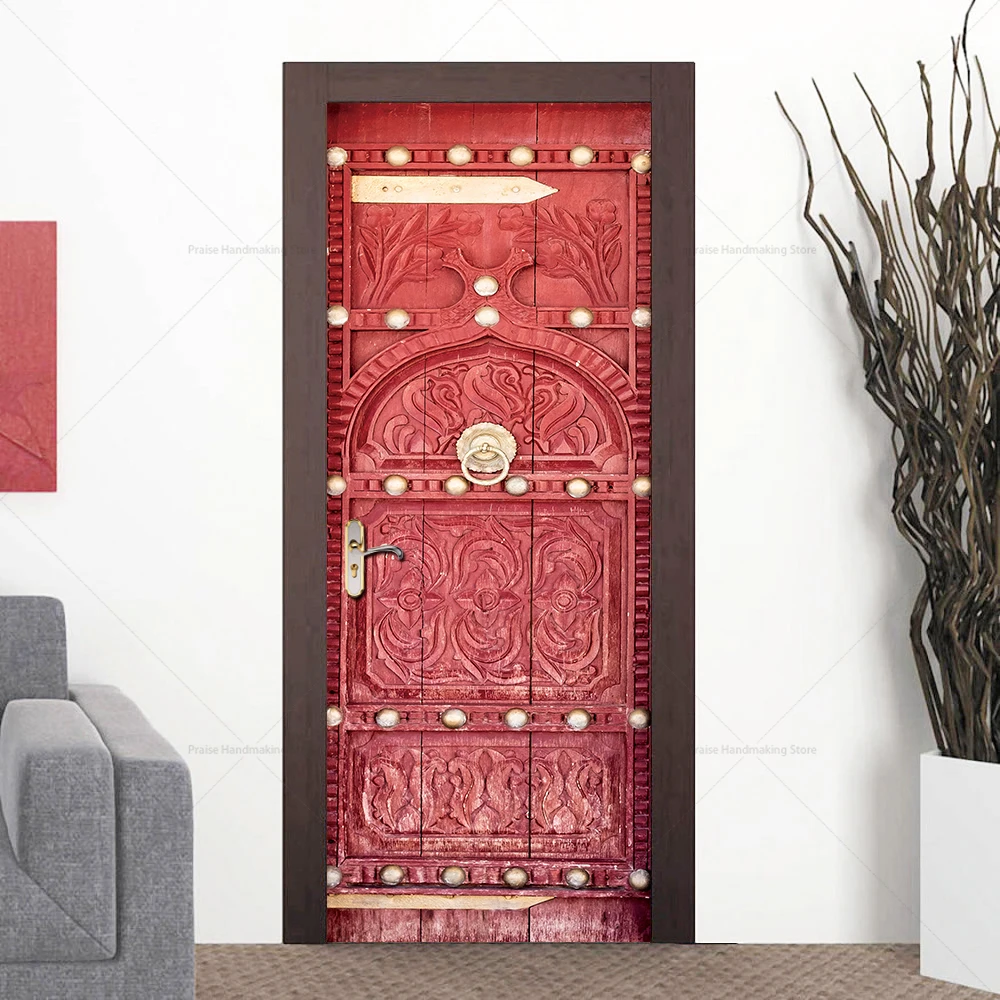 

Red Retro Embossed Door Sticker PVC Waterproof Peel-off Complete Set of Door Stickers Home Living Room Entrance Decoration