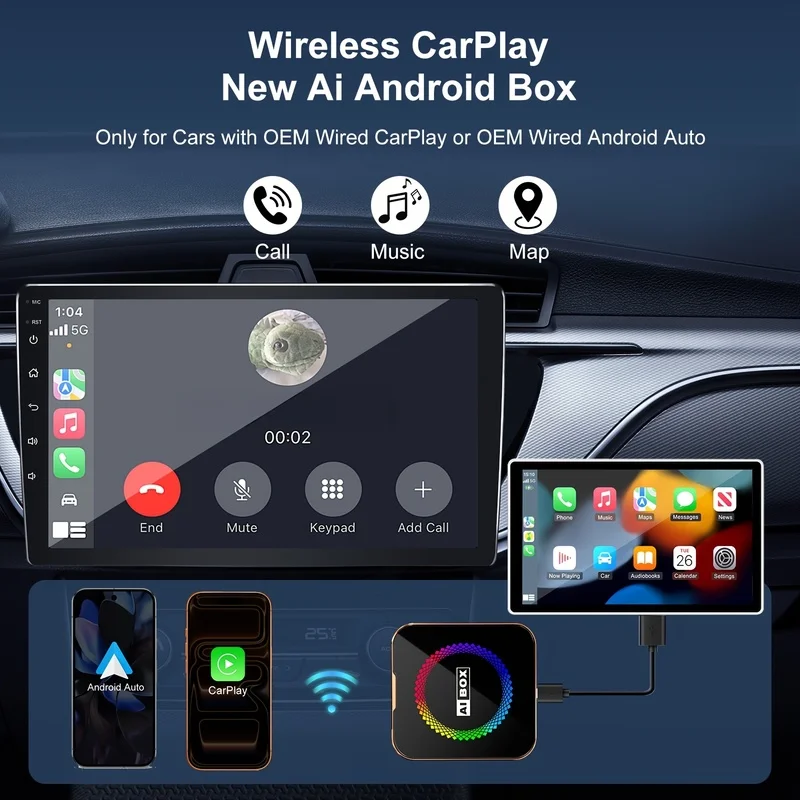 Multifunctional 5‑in‑1 Wireless CarPlay Android Auto Dongle, Stream Netflix & YouTube on Car Screen, TF Card Slot for Local Media, Plug‑and‑Play Upgrade for 2017 and Newer OEM Wired CarPlay Vehicles