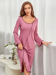 Lettuce Trim Women Nightgown Solid Long Sleeve Sleepwear Side Split Scroop Neck Nightwear Female Fall Homwear Pajama Dress