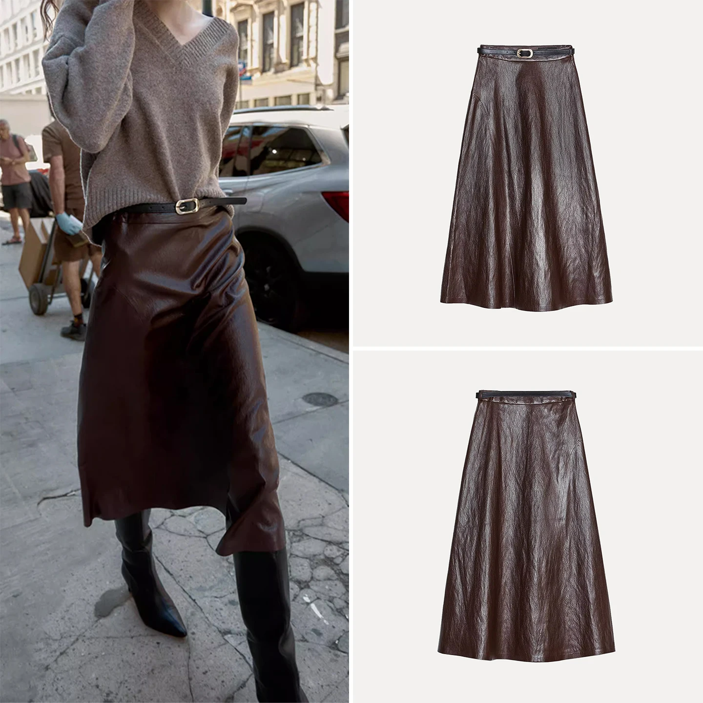 

Women's Leather Effect Belted Midi Skirt High Waist Casual Autumn New Sle European Sle Z Stand Fit Daily Wear