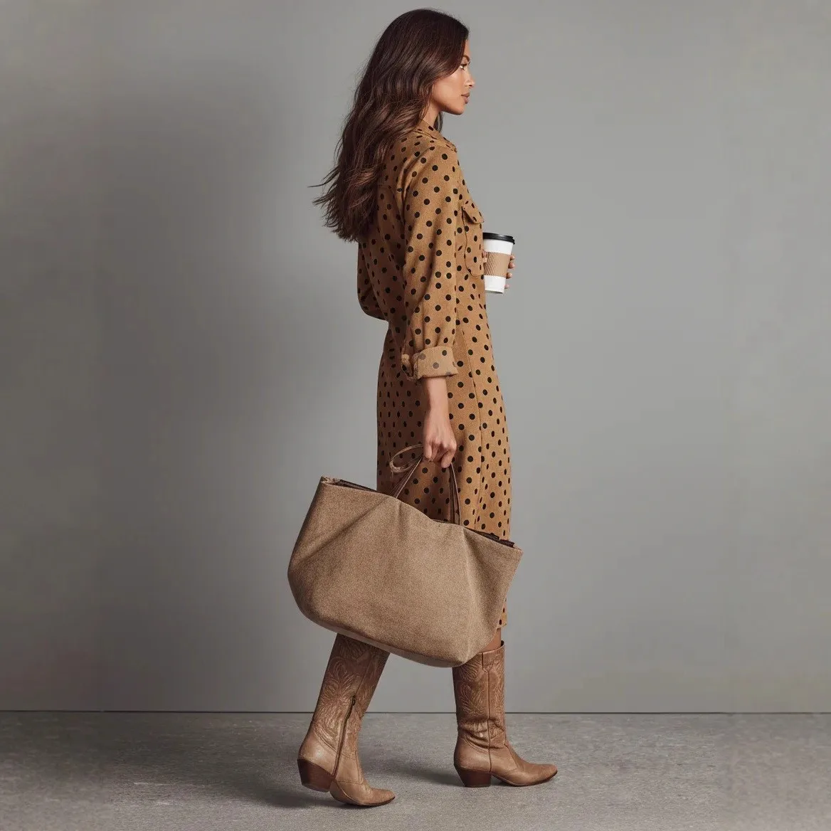 Long Sleeve Dresses Polka Dot High Waist European and American Style with Single Breasted Multi Button Autumn a Line Women Dress