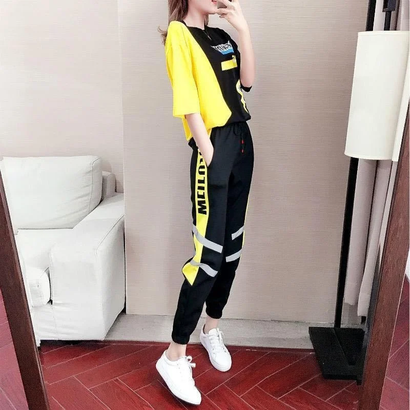 Women\'s Sports Suit Two Piece Set Spring Summer New Loose Skinny Fashion Casual Wear Short Sleeve O-collar Top And Pants Outfits