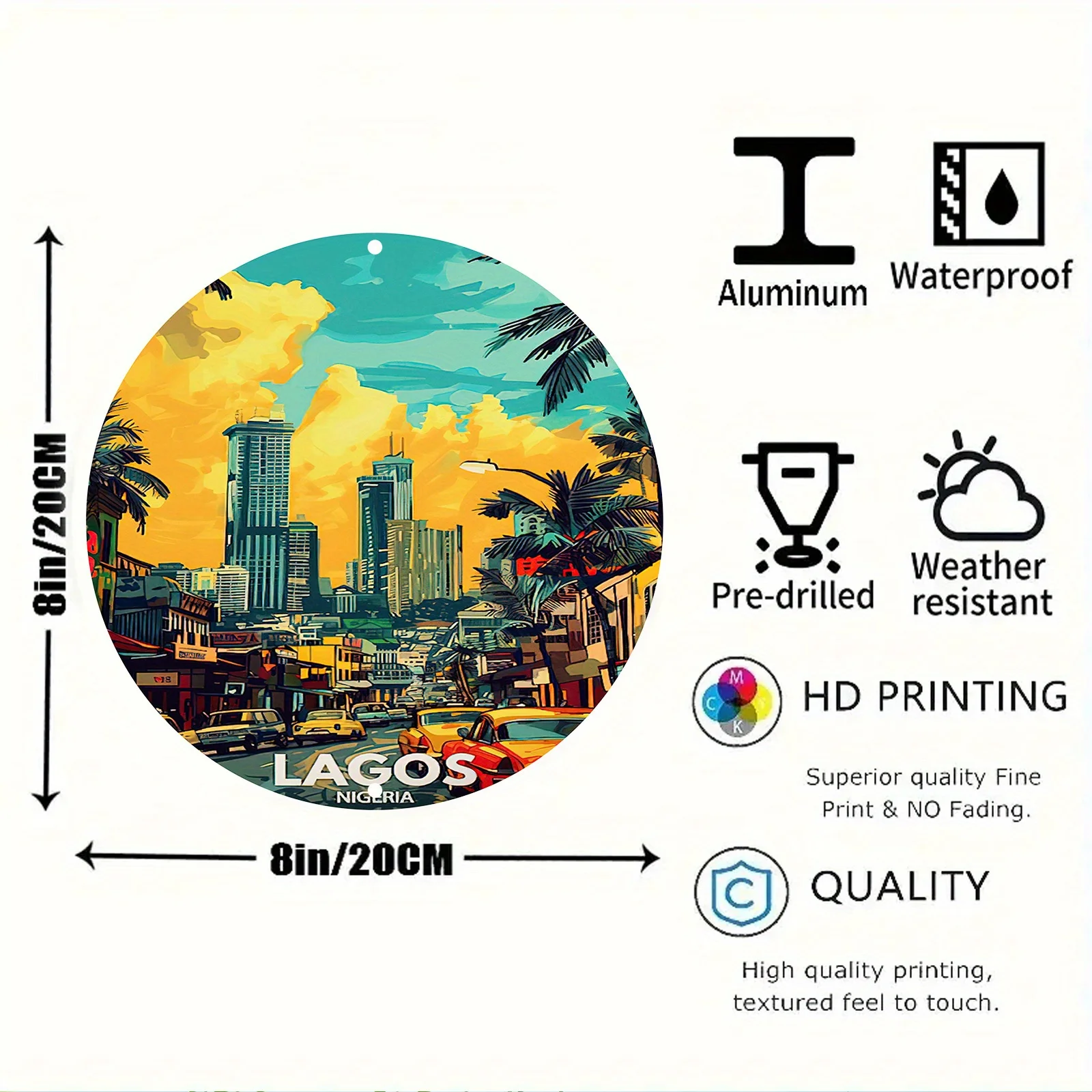 Lagos Nigeria Tropical Palm Urban Street View Round Metal Sign 8Inch/20cm 2D Flat Global Travel Home Wall Decor Gift