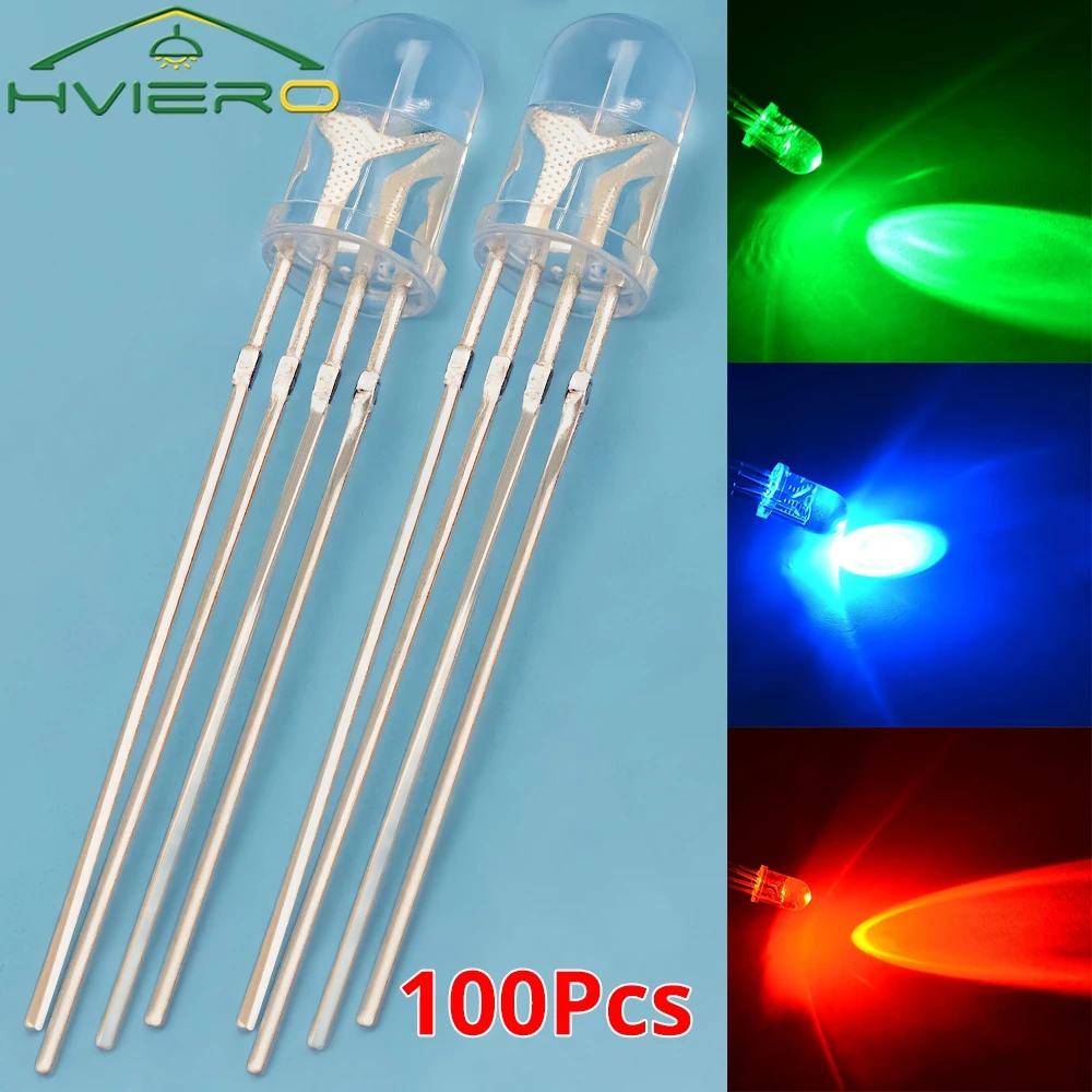 100Pcs Min 5mm Round LED Lamp Bead Water Clear RGB Tri-Color Emitting Diodes 4pin Bulb Common Cathode Decoration Atmosphere Neon