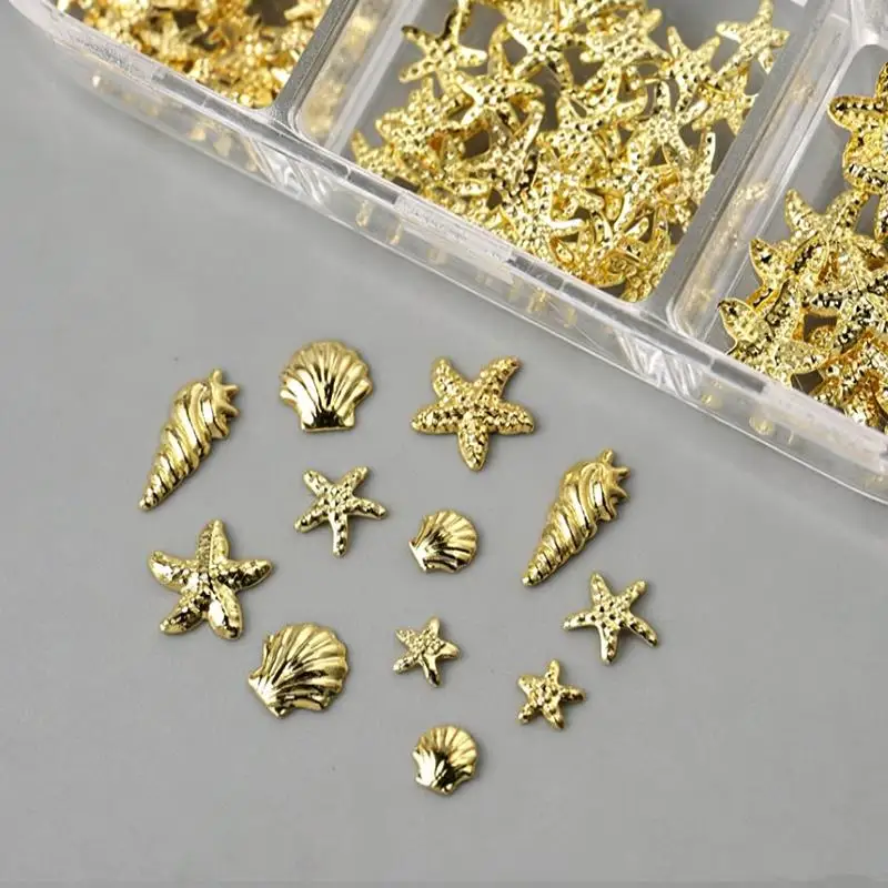 3D Gold Nail Art Charms 6 Grids Seashell Starfish Conch Decorations for DIY Manicure Salon Home Use