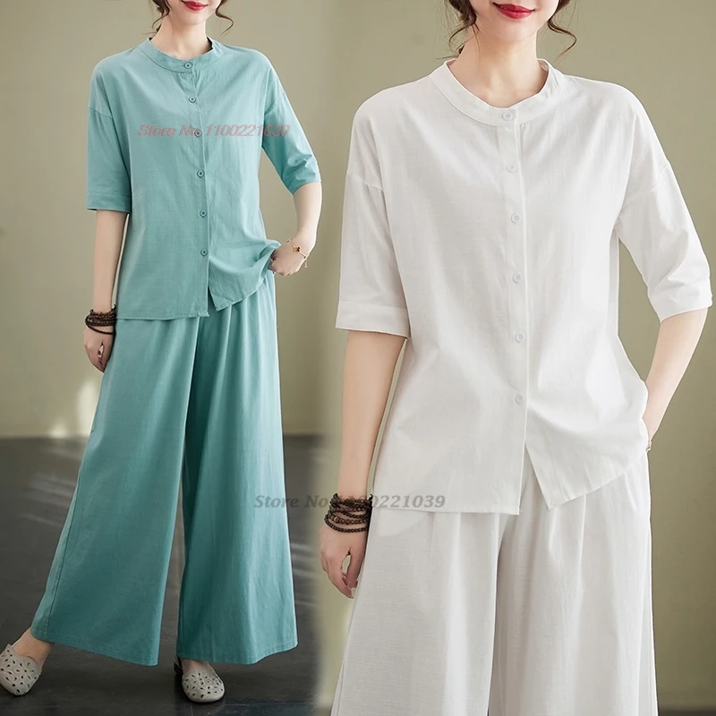 

2024 traditional chinese vintage set breathable cotton linen hanfu tops+pants set meditation yoga tai chi outdoor walking suit