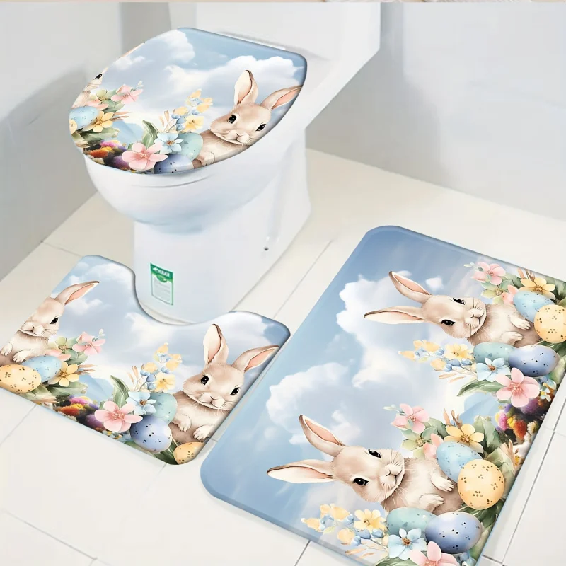 3 Pcs Rugs Set, Rabbits And Eggs Small Bathmats, Washable Bath Carpet, Long Indoor Entry Mat, House Goods, Bathroom Acc