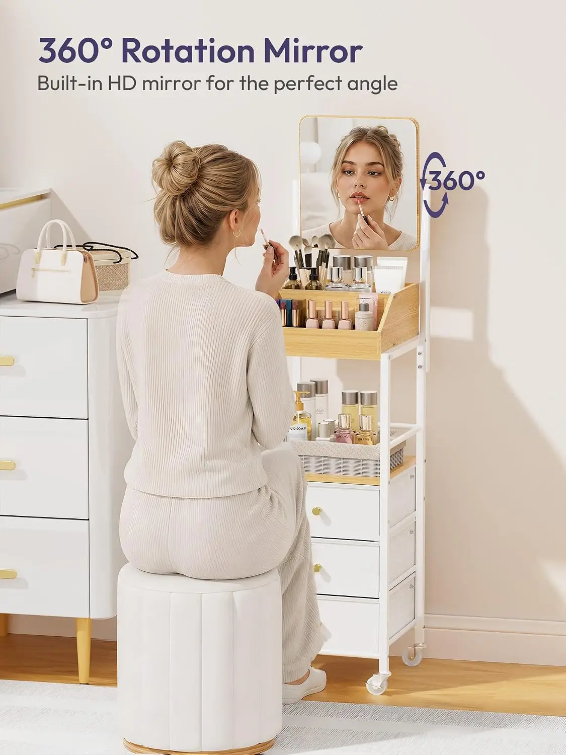 Makeup Organizer Cart With Mirror - Makeup Storage Vanity Dresser With Non-Woven Drawers, 360° Rotating HD Mirror, Rolling