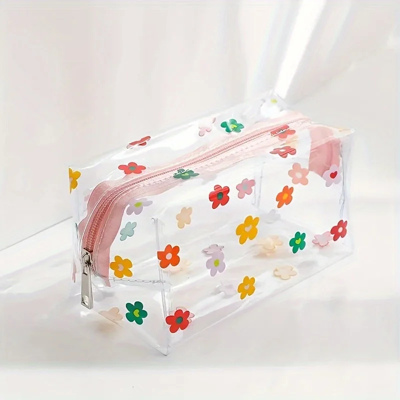 Transparent Flowers Design Pencil Case Girls' Portable Cosmetic Bag Cartoon Women Ladies PVC Makeup Bag Stationery Storage Bag