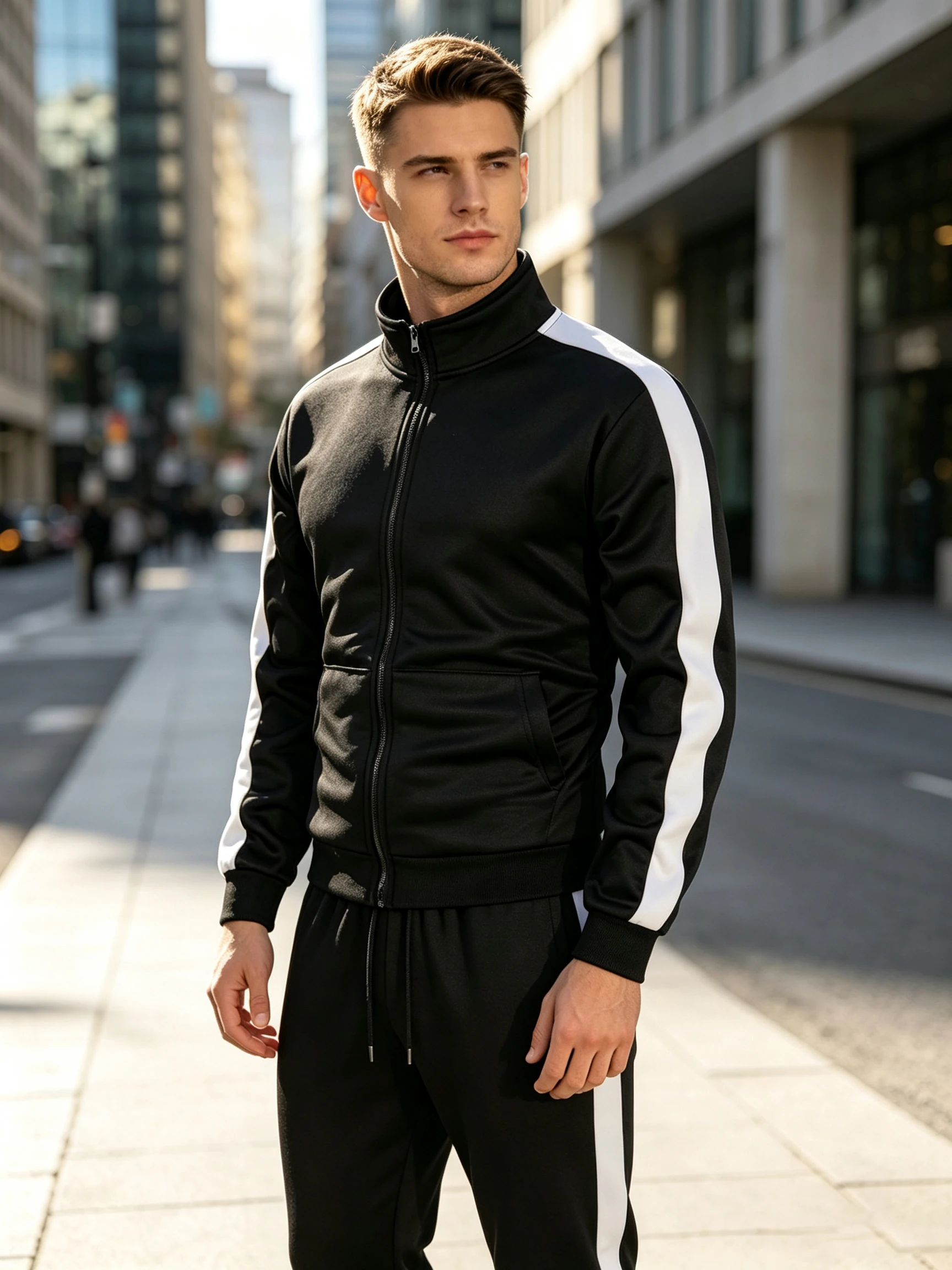 Immagine 7: Completo Sportivo Casual da Uomo con Giacca con Zip e Stampa Geometrica a Stelle e Pantaloni con Coulisse, Abbigliamento Sportivo per Fitness e Pendolarismo Autunnale
