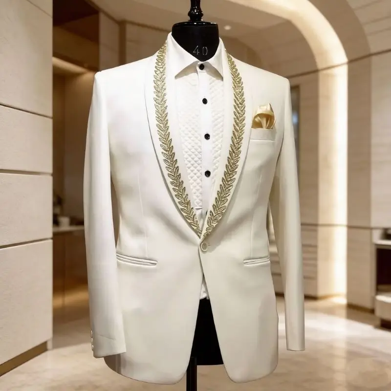 

Slim Fit Suits for Men Luxury 2 Pieces Jacket with Black Pants Beaded Lapel Wedding Tuxedo for Celebrity Banquet Graduation Wear