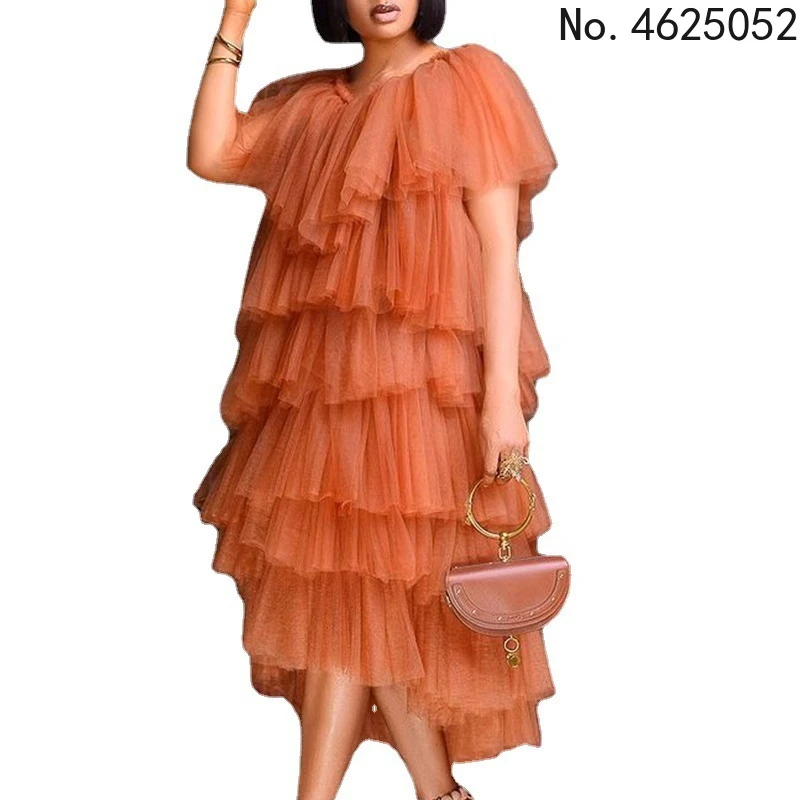 Summer Fashion Style African Dresses for Women 2023 African Women Short Sleeve Orange Knee-length Dress African Clothes