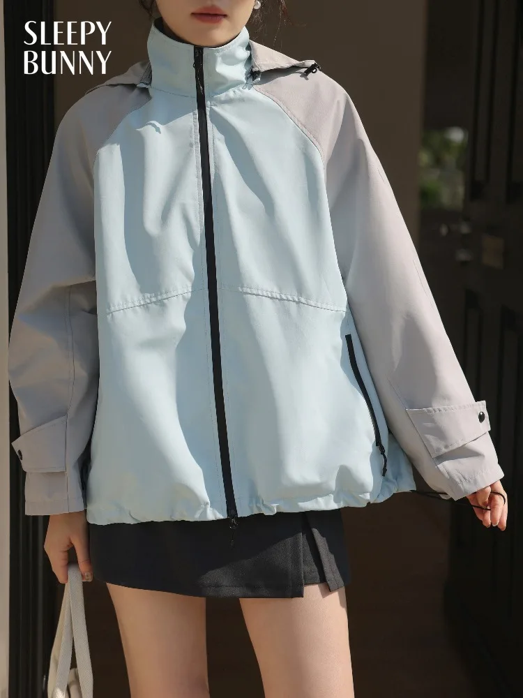 Color Block Hooded Windbreaker Jacket Women Lady Lightweight Waterproof Outdoor Coat Loose Fit Casual Spring Commuter Outerwear