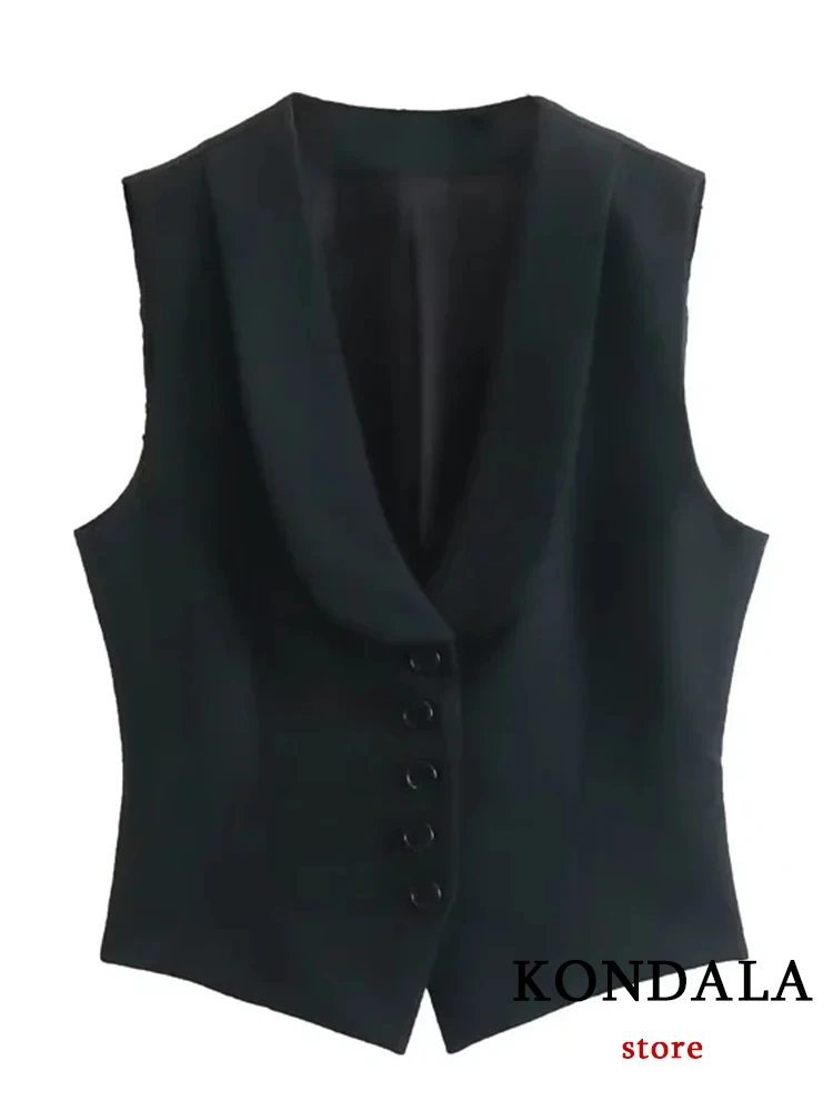 KONDALA Chic Solid Black Office Lady Women Suits Sleeveless Button Vest Blazer Long Sheath Zip Skirts Fashion 2023 Spring Suits