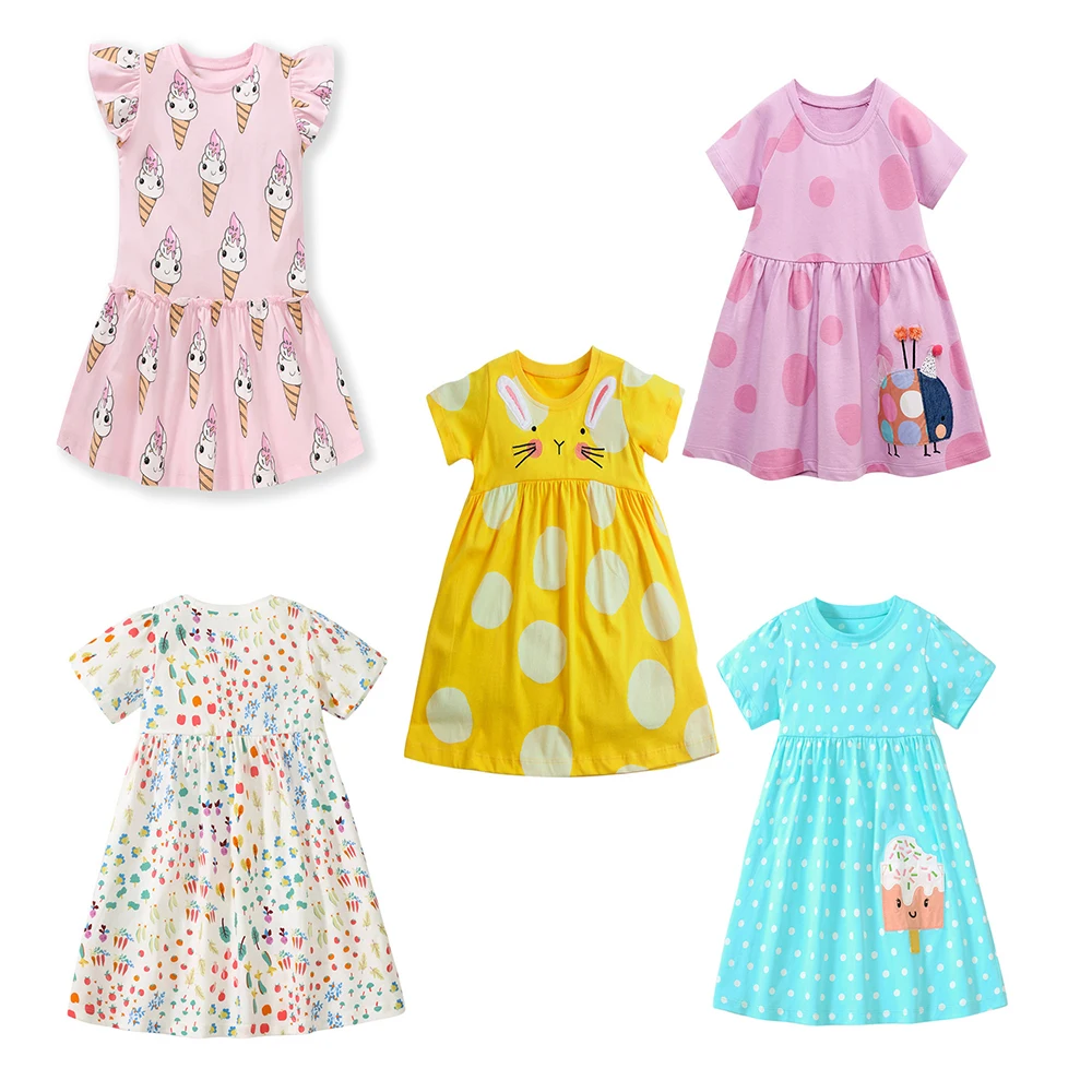 Jumping Meters 2-7 Years Summer Princess Baby Girls Dresses Animals Applique Party Birthday Kids Short Sleeve Frocks