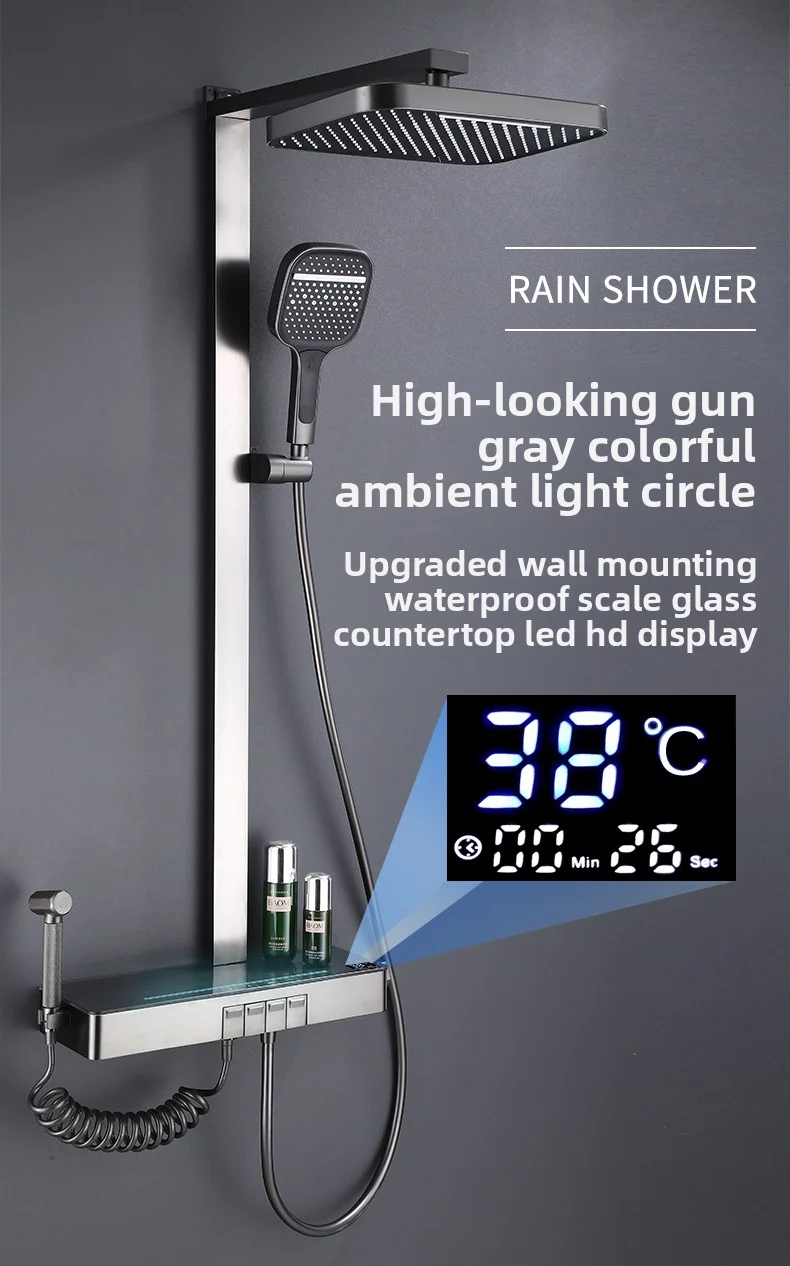 Deluxe bathroom with light shower system, tempered glass piano key, intelligent digital display, thermostat, blender, shower fau