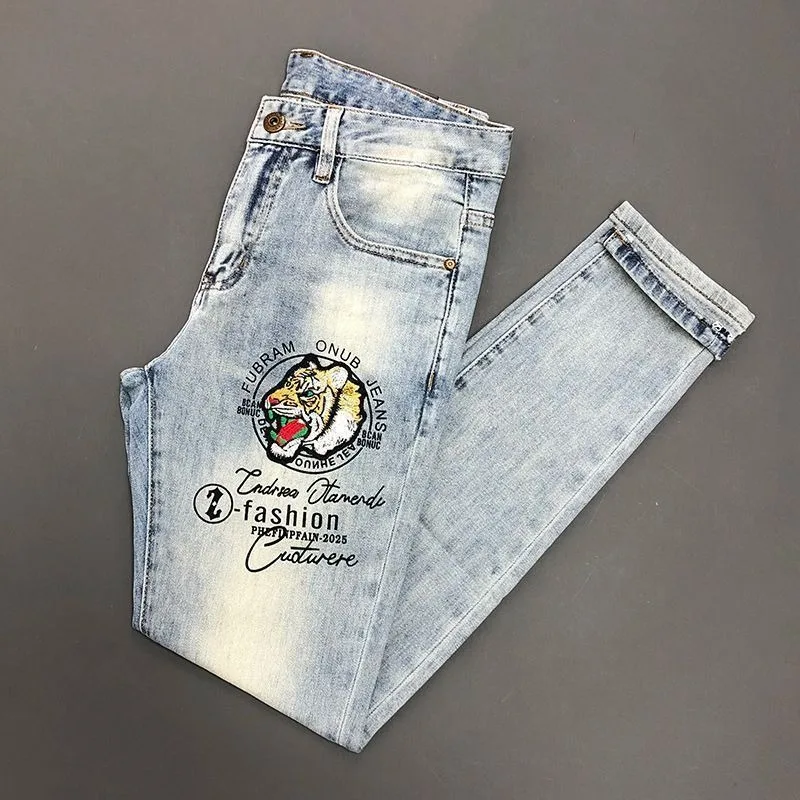 Men's Clothing Spring and Autumn Tiger Head Embroidered Jeans Fashionable Handsome Slim Fit Stretch Leg high quality y2k Jeans