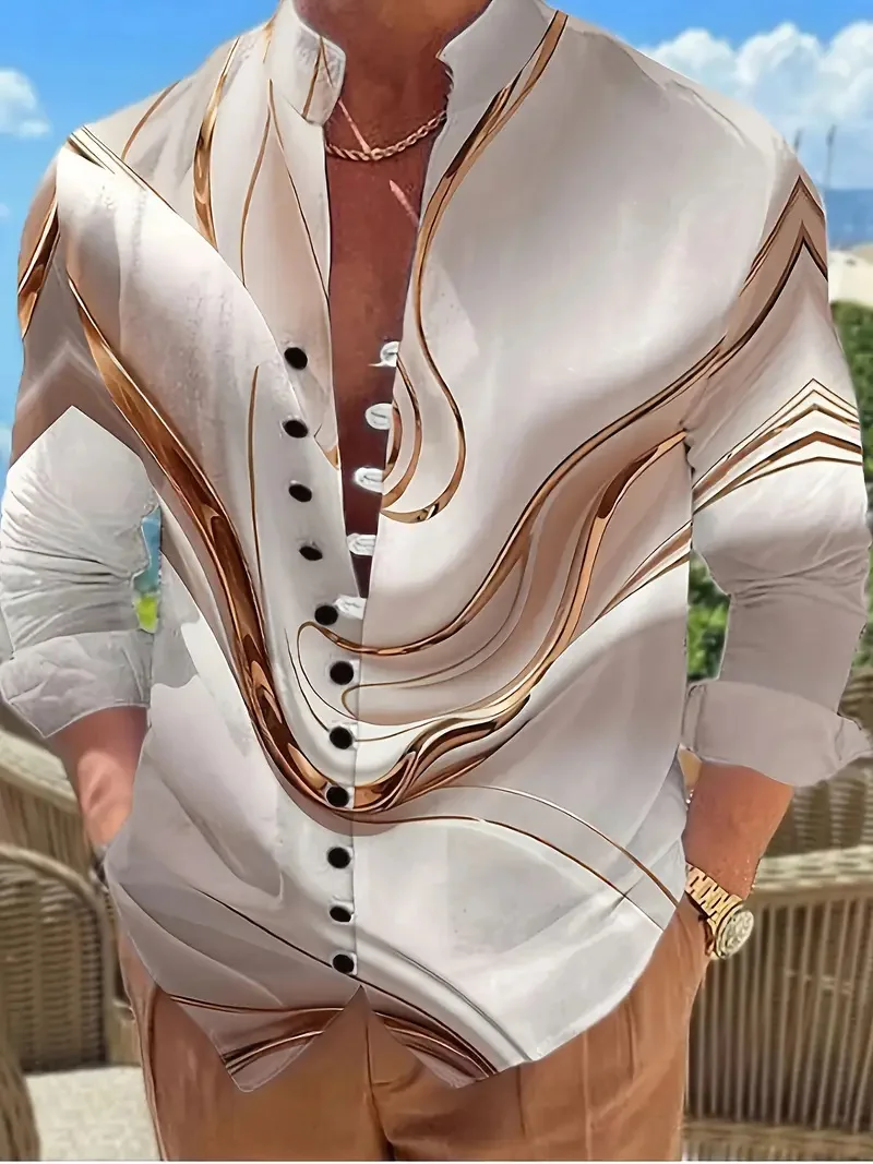 New Vintage Ethnic Style Fashion Art Print Men Long Sleeve Linen Shirt Hawaiian Style Shirt Top