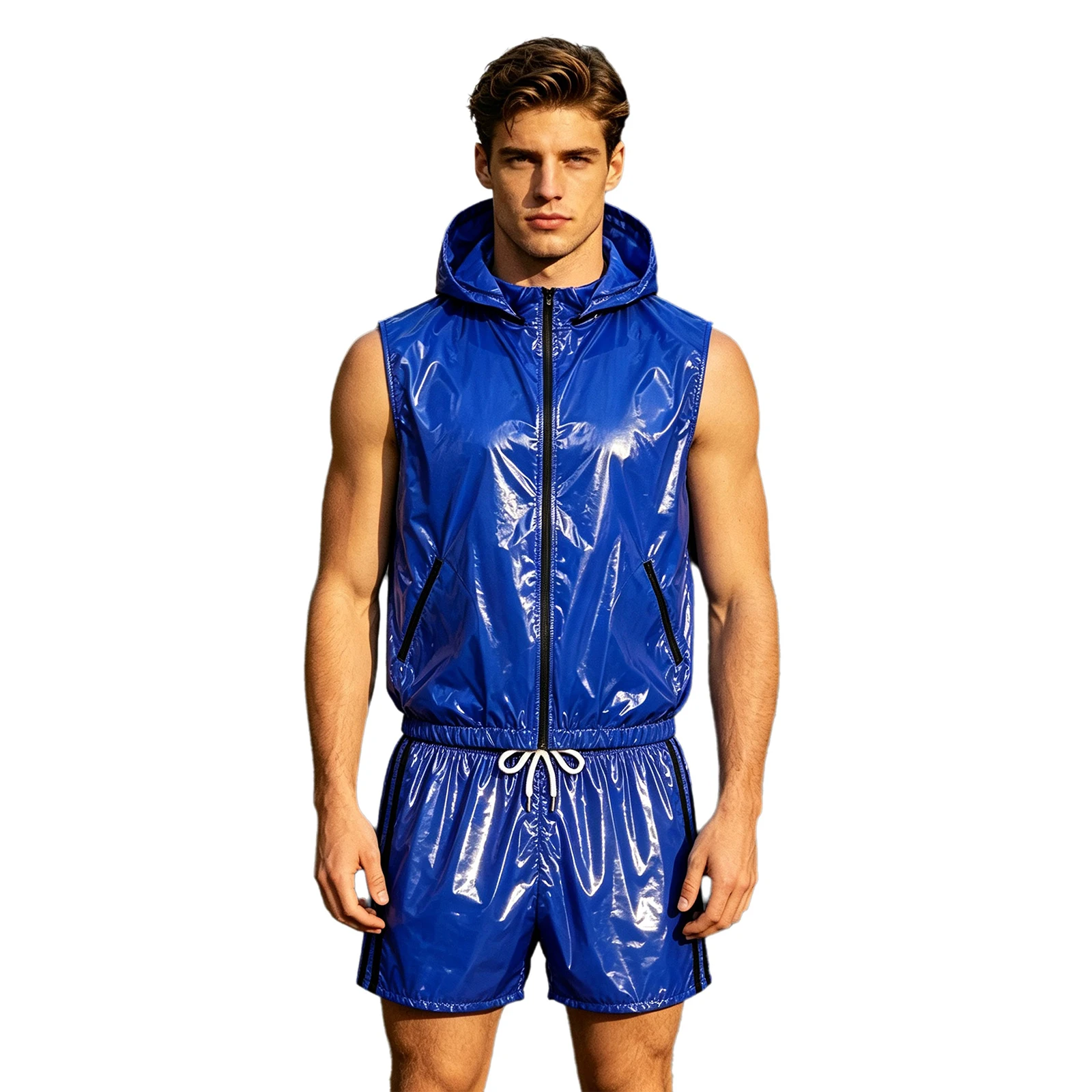 Mens Waterproof Sportwear Tracksuit Front Zipper Sleeveless Hooded Vest with Shorts Built-in Briefs for Gyms Fitness Workout view 2