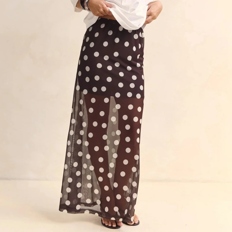 

Women Polka Dots Skirts Elegant Fashion High Rise Elastic Waist Semi See Through Flowy Long Skirt Y2K Vintage Streetwear