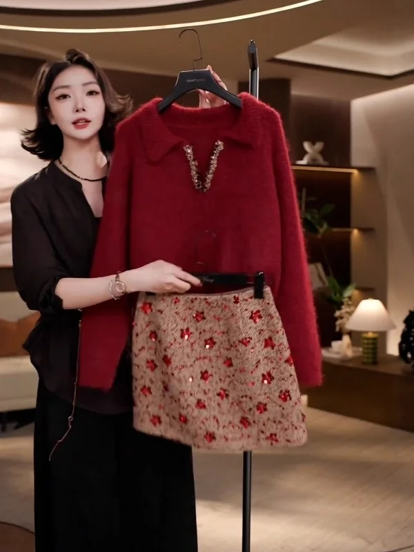 الخريف الشتاء المرأة كسول Sle محبوك سترة وتنورة ألف خط قطعتين مجموعة مشرق الأحمر التخسيس تأثير عادية Faion