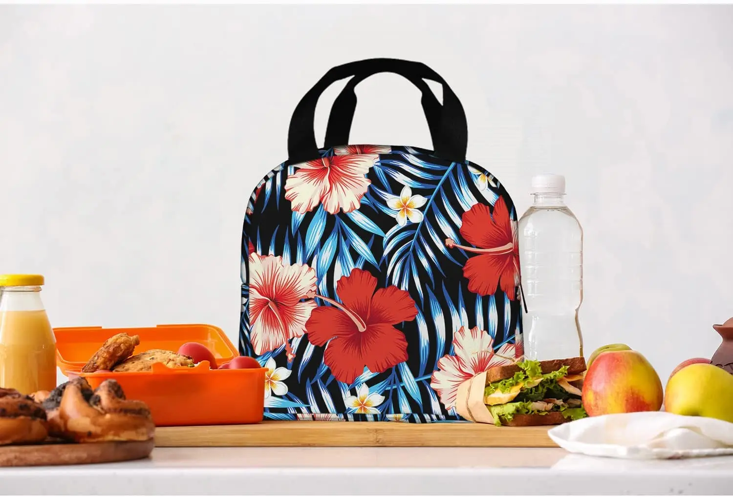 Red Hibiscus Large Insulated Lunch Bag Blue Tropical Leaves Hawaii Floral Lunch Box for Boys Girls Men Women Work Shcool Picnic