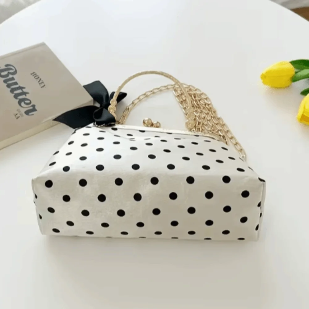 Polka Dot Pattern Kiss Lock Shoulder Bag Metal Handle Bow Decor Clasp-top Handbag Fabric Elegant Evening Purse Dating