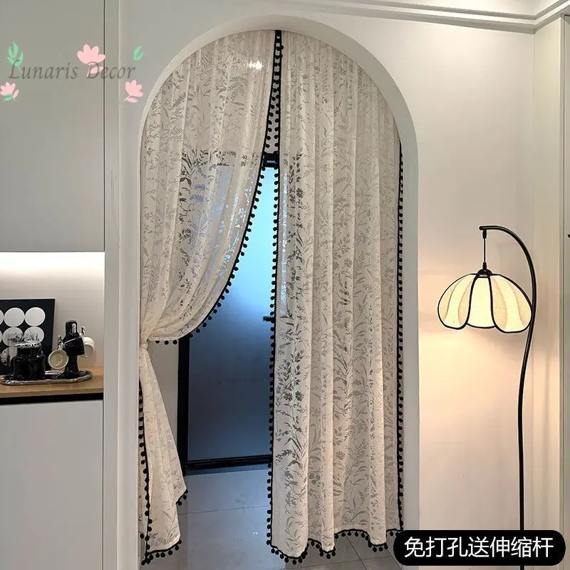 No-drill lace money flower sheer curtain with black ball bedroom partition curtain for sun protection and sun protection