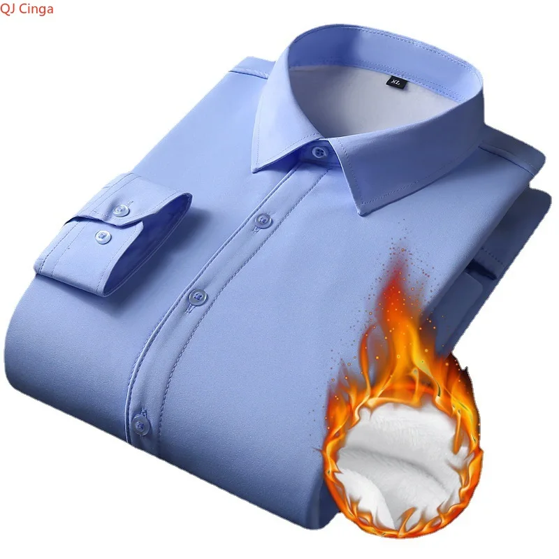 เสื้อเชิ้ตแขนยาวบุขนแกะสีน้ำเงินทรงเอเชียนฟิตสำหรับผู้ชาย เสื้อเชิ้ตแบบกันหนาวสไตล์ชุดทำงาน มีจำหน่ายในสีแดง ดำ เทา และชมพู