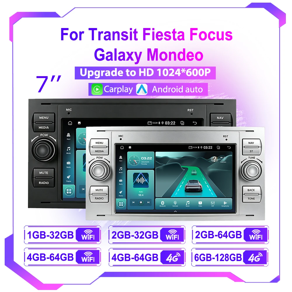 2 Din Autoradio For Ford Mondeo S-max Focus C-MAX Galaxy Fiesta Transit Fusion Connect Kuga Multimedia GPS Carplay BT Stereo