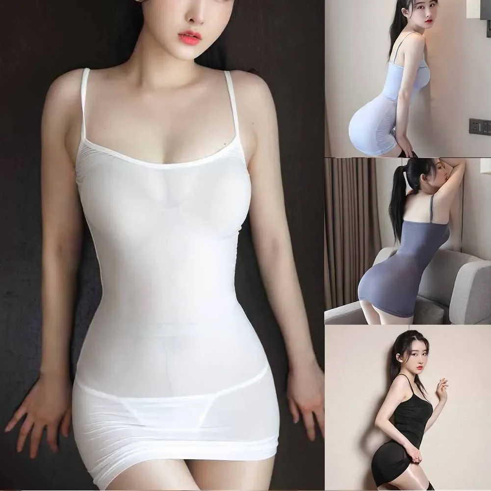 2pcs Women Sexy Sleeveless Camisole See Through Lingerie Bodysuit Bodycon T-Back Nightwear Sleepwear Female Mini Sleepdress