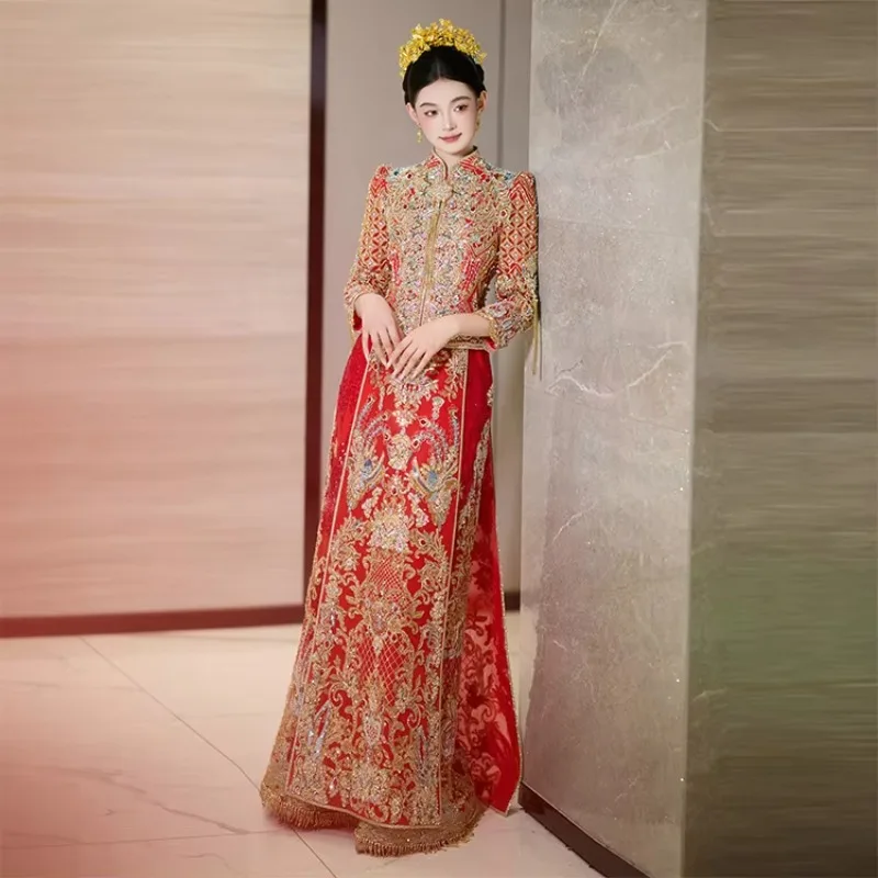 Good Quality Beaded Sequin Embroidery Traditional Chinese Clothing Xiuhe Chinese Wedding Dress With Tassels