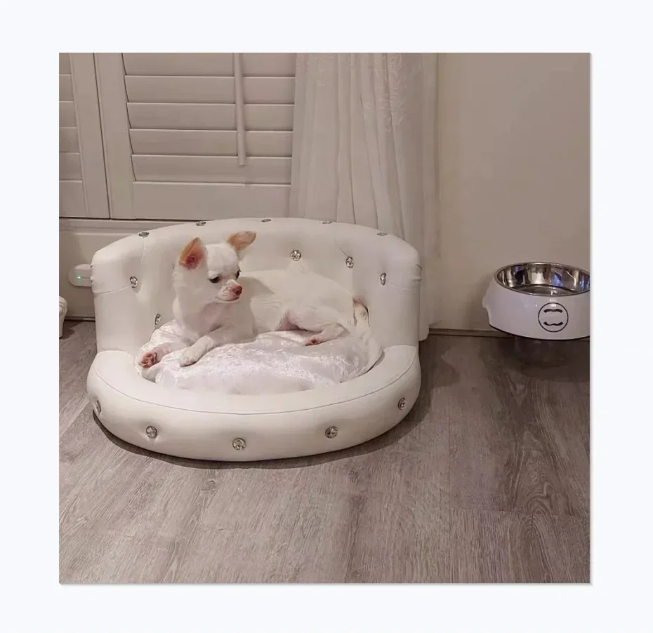 High-end Custom Noble Style Leather Diamond Pet Bed Luxury Dog Sofa